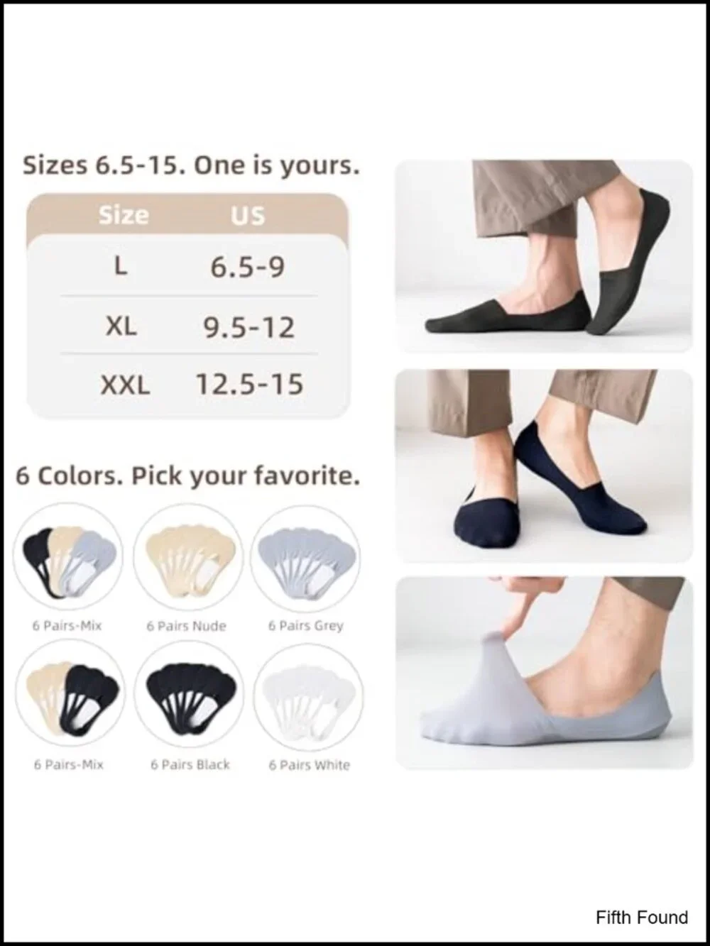 6 Pairs No Show Socks for Loafers Invisible Low Cut Liner Cotton Spandex